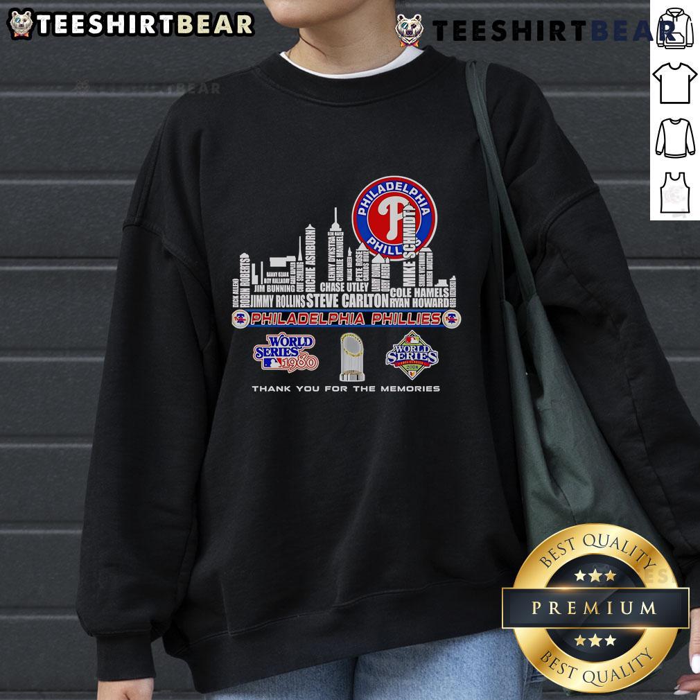Philadelphia Phillies World Series sweatshirt featuring 'Thank You For The Memories' and skyline design.