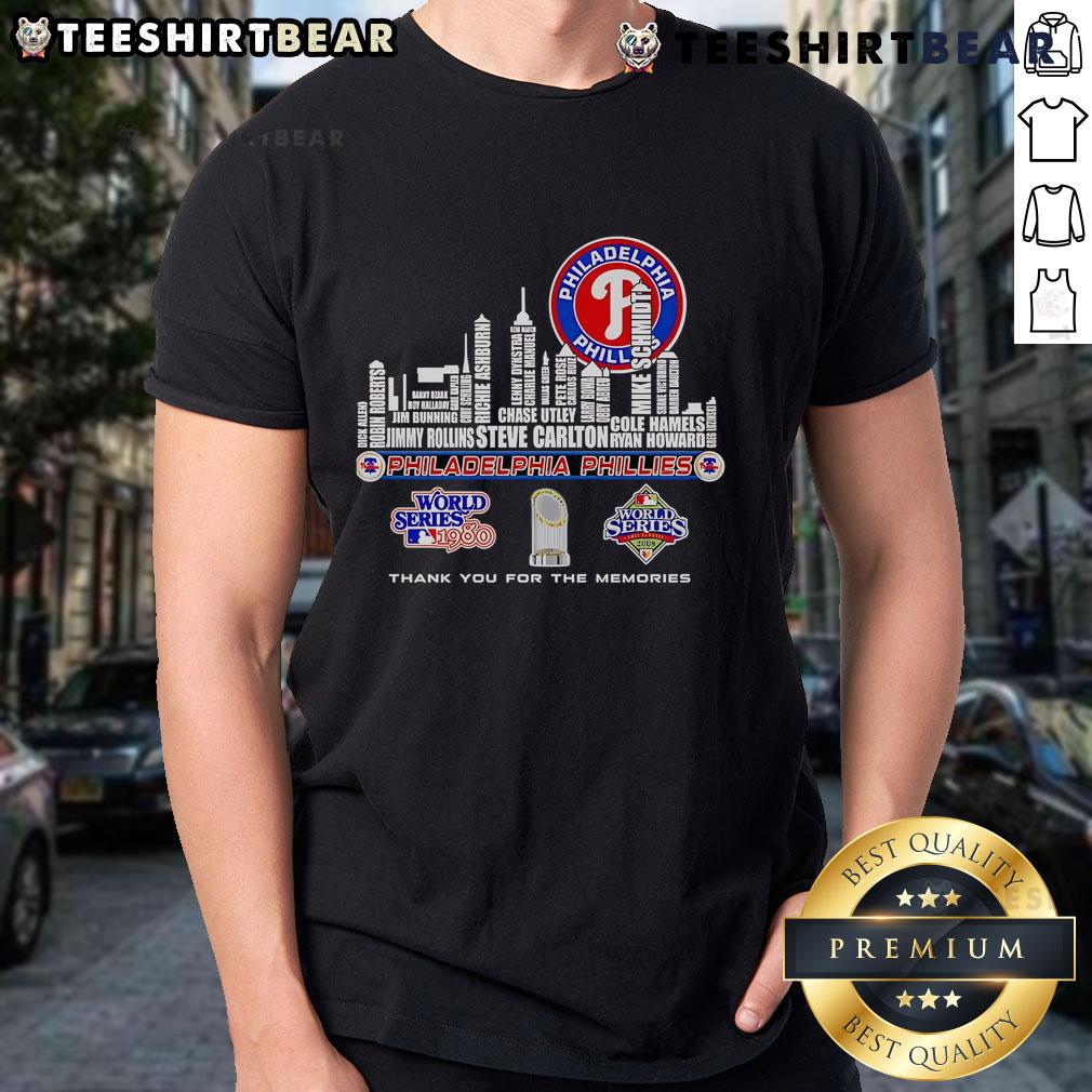 Alt Text: Philadelphia Phillies World Series T-Shirt featuring skyline design, celebrating memorable moments in baseball.