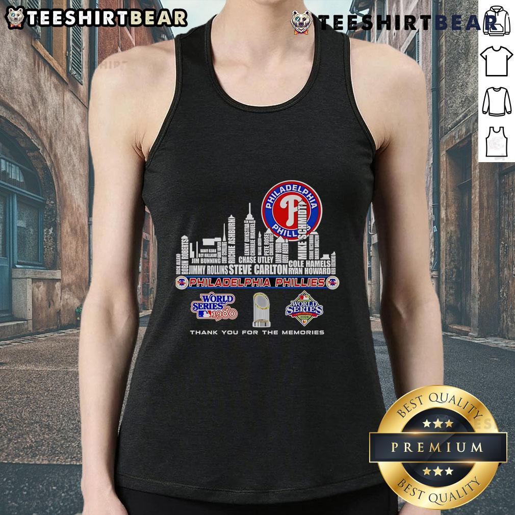 Philadelphia Phillies World Series tank top featuring a skyline design, celebrating unforgettable memories.