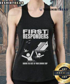 Alt Text: Top of The Mary Jo Pehl Show First Opinion Responders tank top featuring a vibrant design and bold logo.
