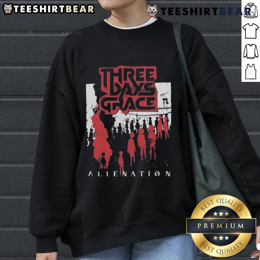 Top Three Days Grace Alienation 2025 Tour Sweatshirt featuring band logo and tour details, perfect for fans of rock music.