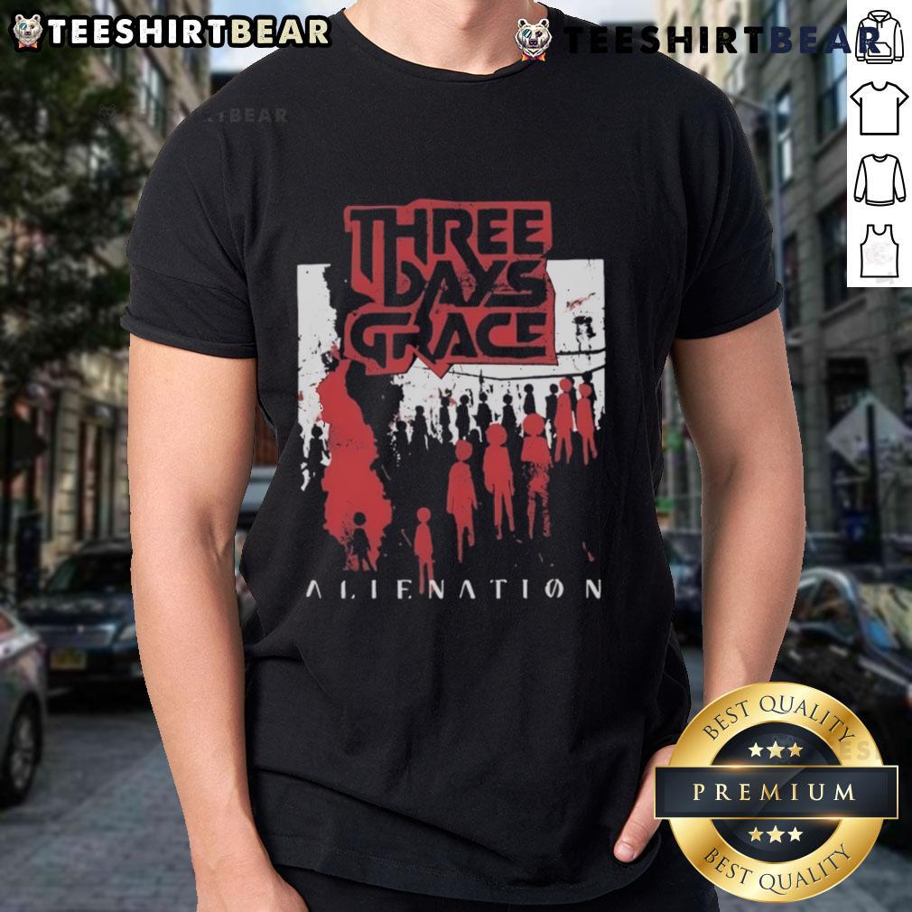 Top Three Days Grace Alienation 2025 Tour T-Shirt featuring bold graphics and tour dates for fans of the band.