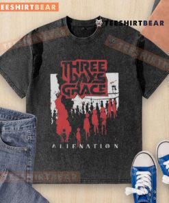Top Three Days Grace Alienation 2025 Tour washed t-shirt featuring iconic band logo and tour dates.