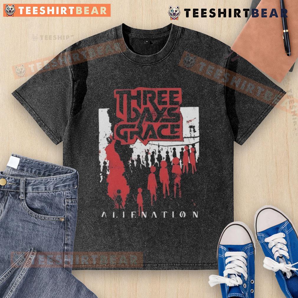 Top Three Days Grace Alienation 2025 Tour washed t-shirt featuring iconic band logo and tour dates.