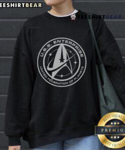 Cozy Top U.S.S. Enterprise United Federation of Planets sweatshirt featuring iconic starship design for Star Trek fans.