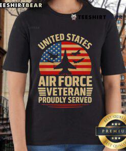 Top United States Air Force Veteran proudly served ladies tee featuring patriotic design and military pride.