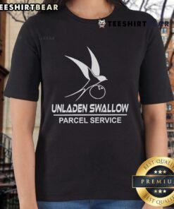 Top Unladen Swallow Parcel Service Ladies Tee featuring a fun graphic design for bird lovers and quirky gift seekers.