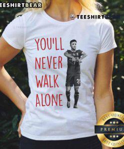 Diogo Jota ladies tee featuring 'You'll Never Walk Alone' slogan, perfect for Liverpool FC fans and stylish game day attire.