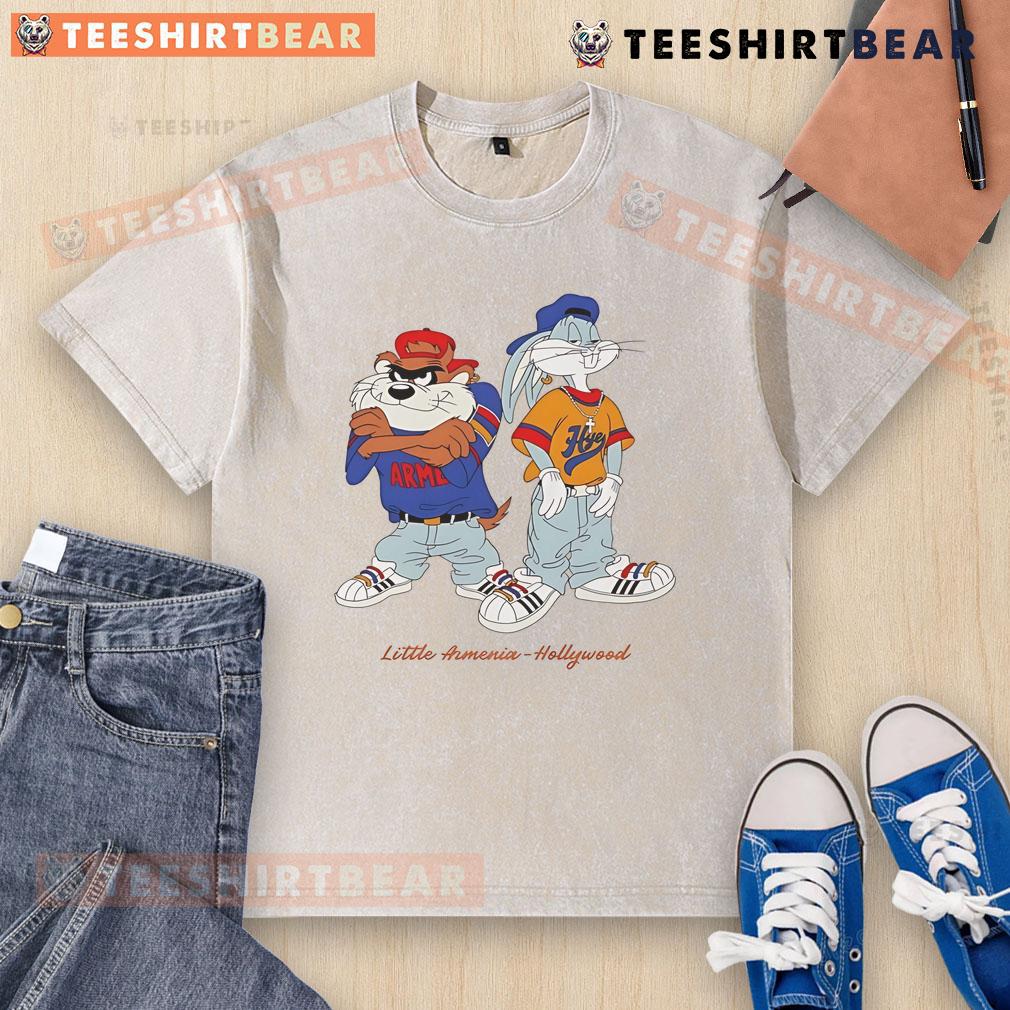 Alt Text: Awesome Bugs Bunny and Taz graphic on a Little Armenia Hollywood washed t-shirt, perfect for Looney Tunes fans.