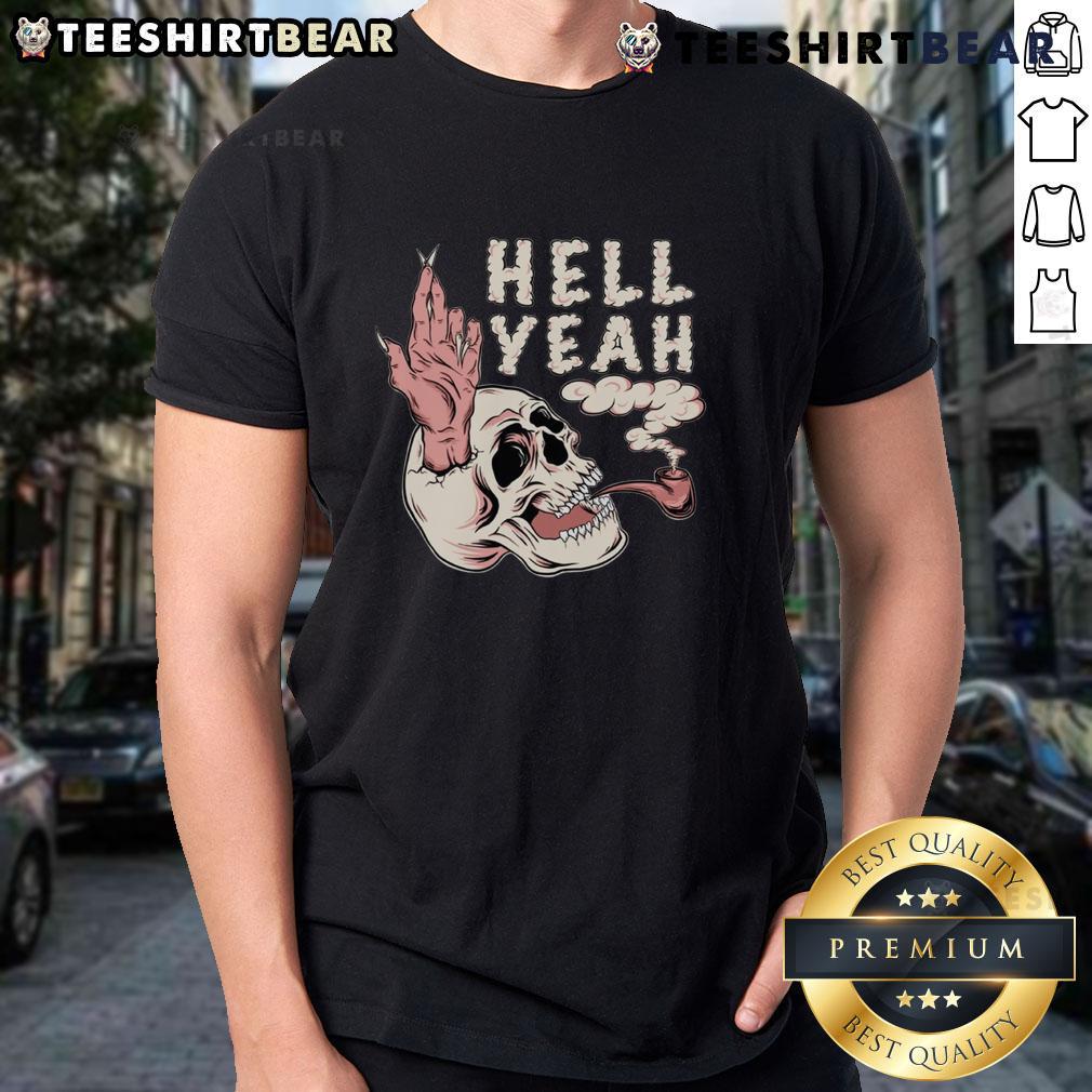 Alt Text: Awesome Hellyeah Smoking Skull T-Shirt featuring a bold skull graphic with smoke effects, perfect for rock fans.