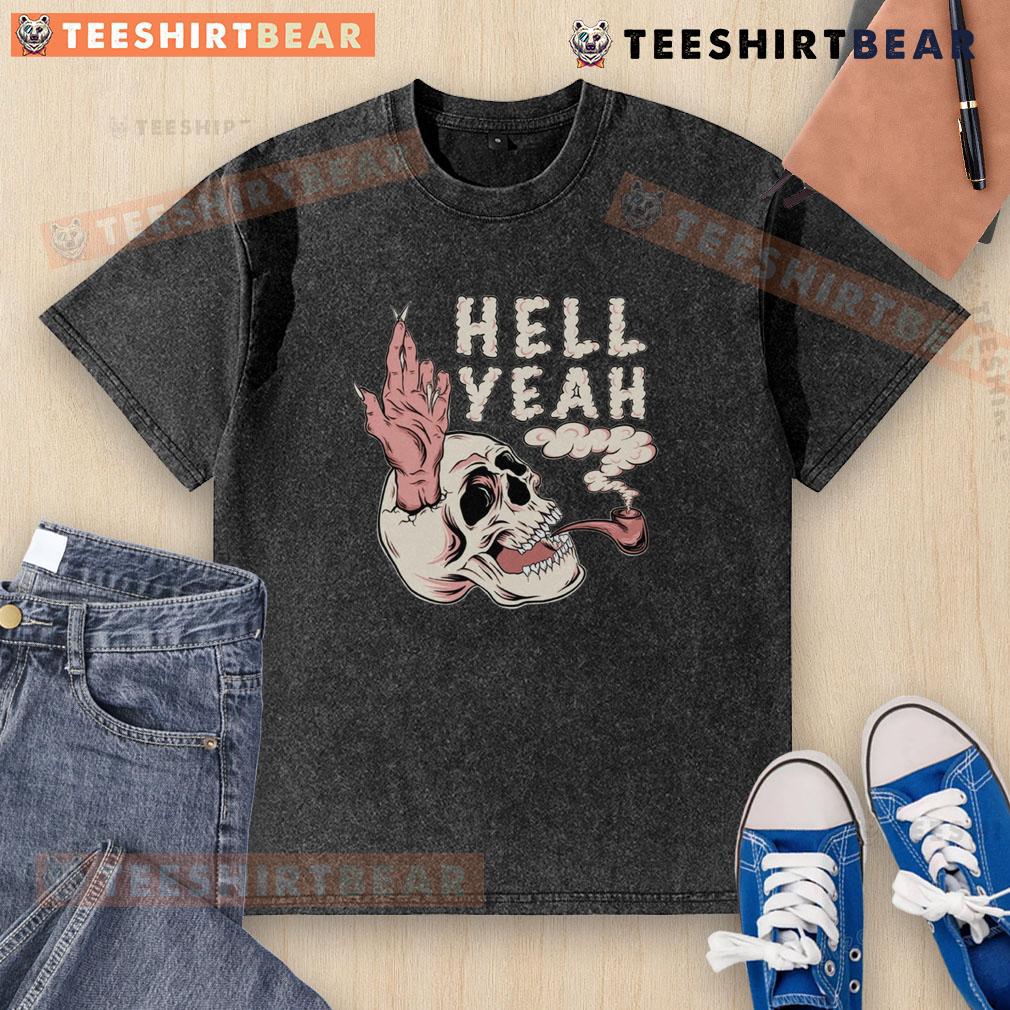 Awesome Hellyeah Smoking Skull Washed T-Shirt featuring a bold skull graphic on a distressed fabric background.