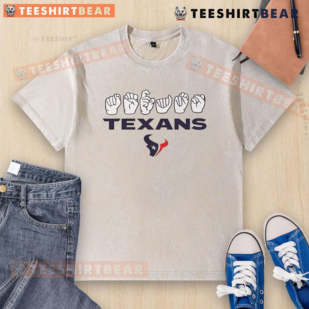 Awesome Houston Texans football homage youth love sign with hand signals on a washed t-shirt for young fans.