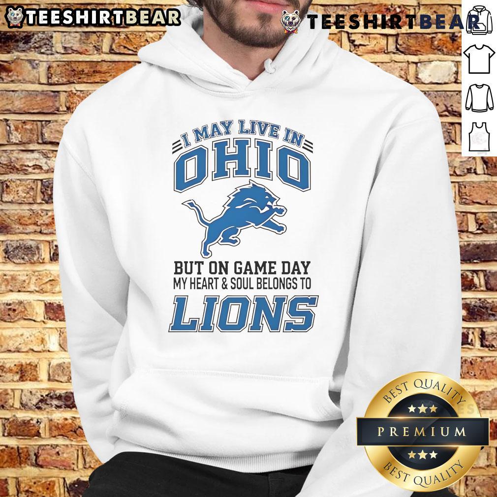 Alt Text: Ohio fan wearing Detroit Lions hoodie, showcasing team spirit on game day with pride and enthusiasm.