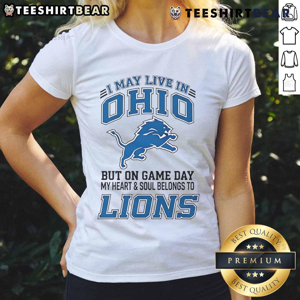 Alt Text: Ladies tee for Detroit Lions fans, showcasing pride with 'I may live in Ohio but my heart belongs to Detroit' slogan.
