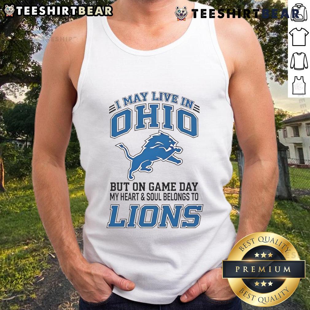 Ohio fan in Detroit Lions tank top, showcasing team spirit on game day with vibrant colors and bold design.