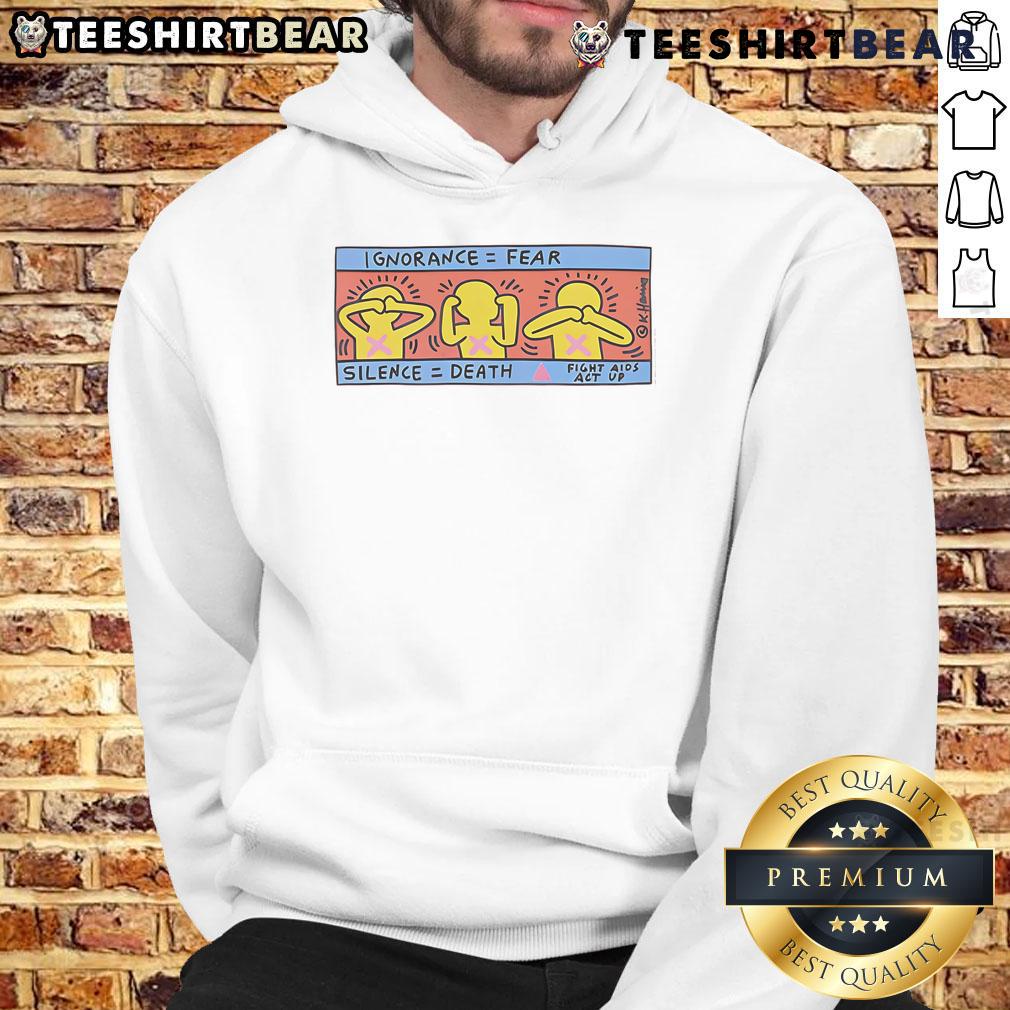Keith Haring hoodie featuring 'Awesome Ignorance Fear Silence Death' art, showcasing vibrant colors and bold graphics.