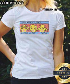 Alt Text: Keith Haring 'Awesome Ignorance Fear Silence Death' design on a ladies tee, showcasing vibrant colors and iconic artwork.