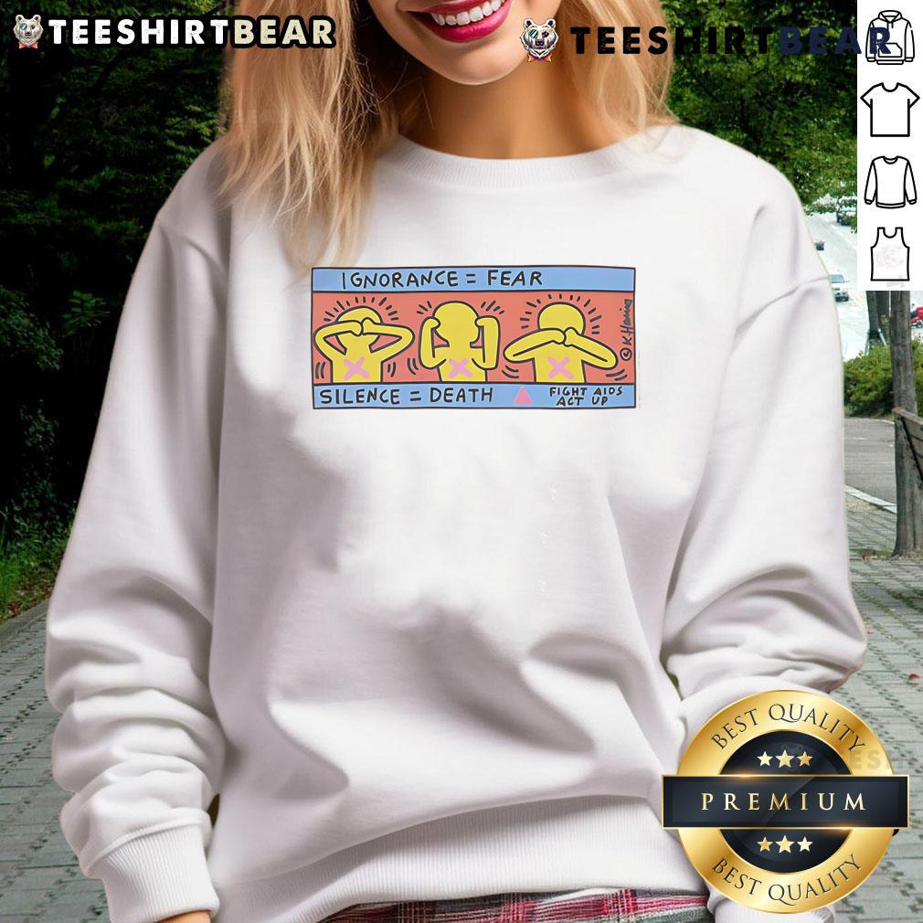 Keith Haring sweatshirt featuring 'Awesome Ignorance Fear Silence Death' design in vibrant colors, perfect for art lovers.