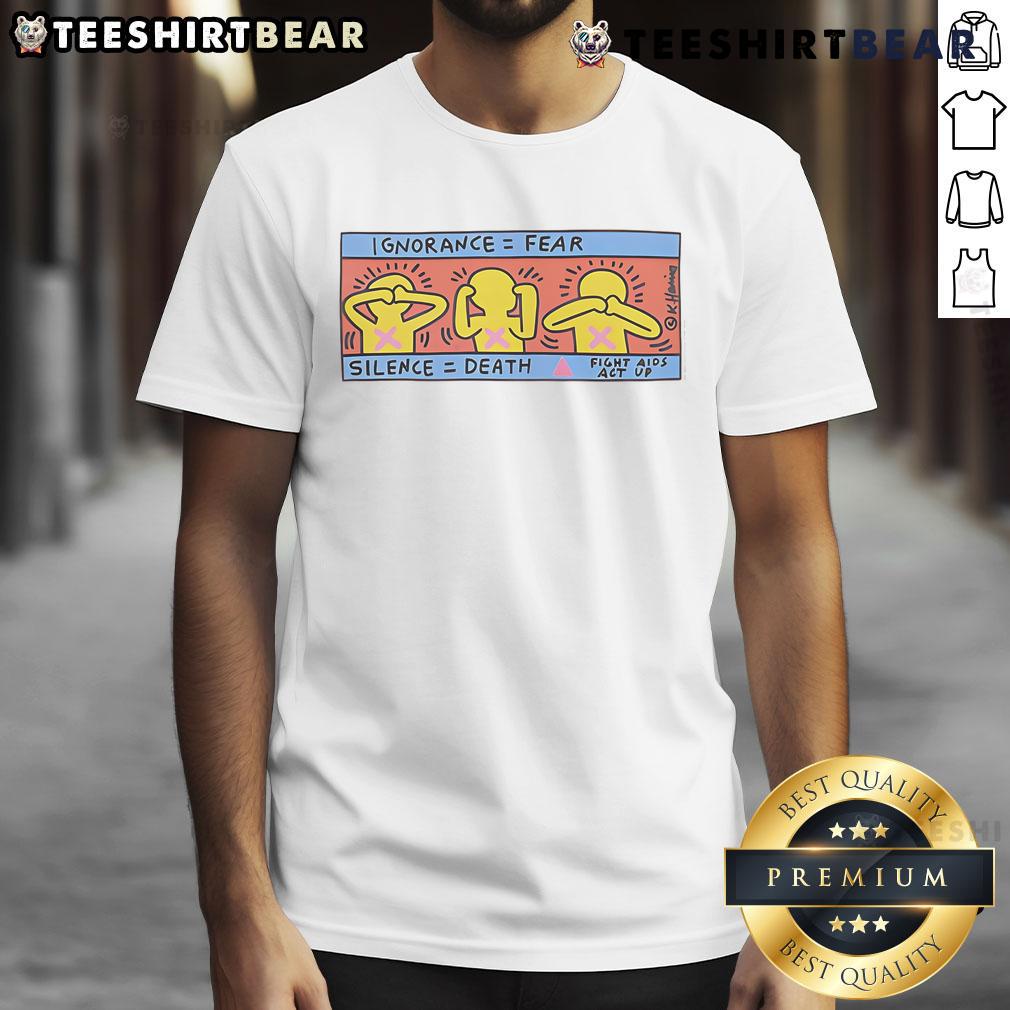 Keith Haring-inspired T-shirt featuring 'Awesome Ignorance Fear Silence Death' graphic, vibrant colors and bold design.