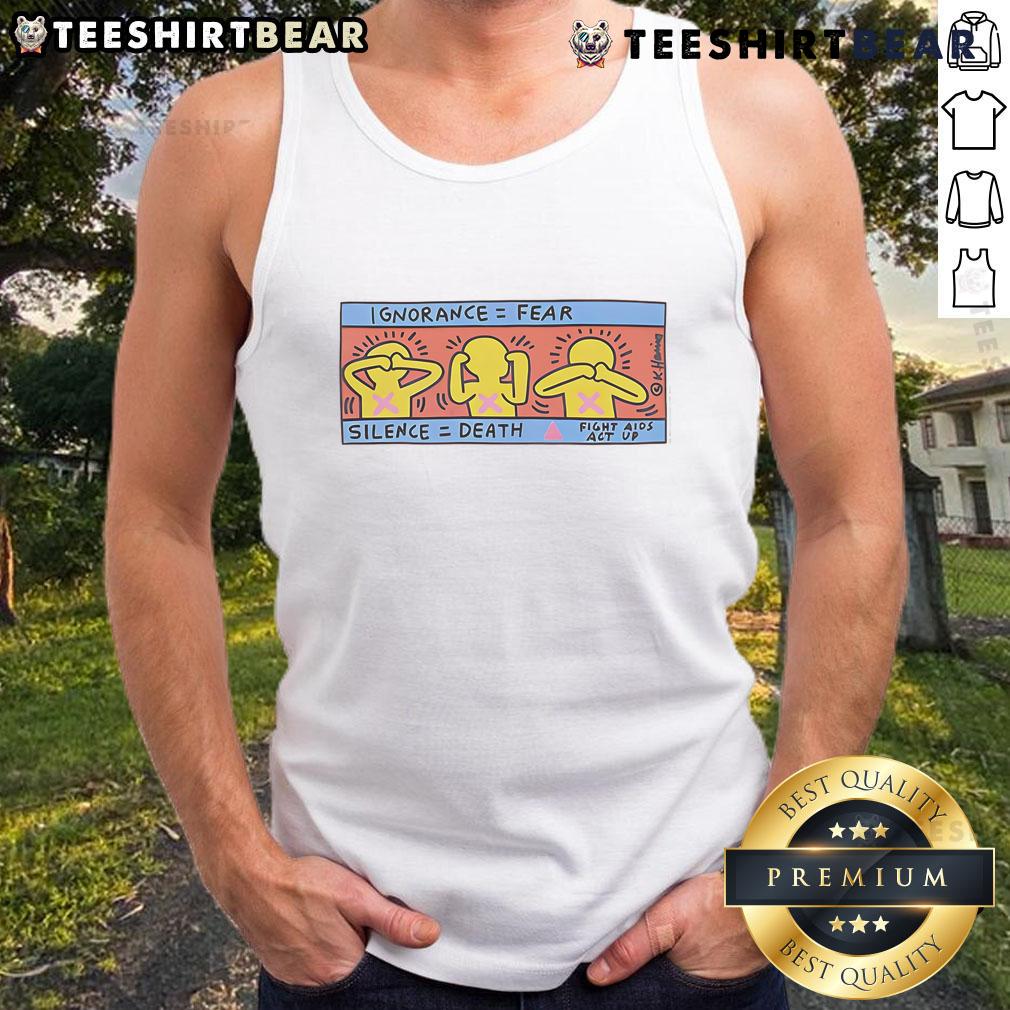 Keith Haring tank top featuring 'Awesome Ignorance Fear Silence Death' design in vibrant colors.