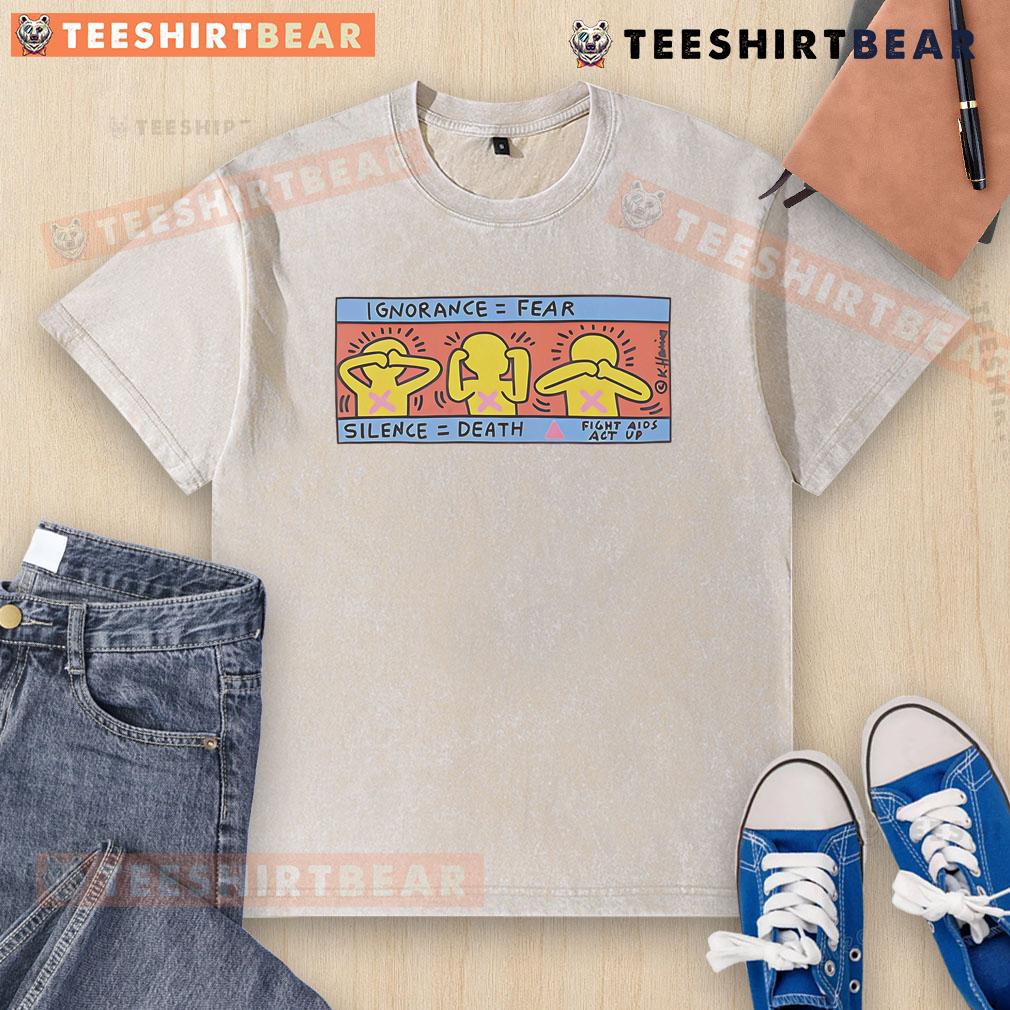 Alt Text: Keith Haring washed t-shirt featuring 'Awesome Ignorance Fear Silence Death' graphic art design.