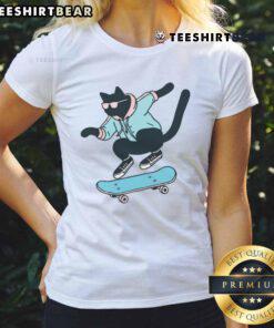 Alt Text: Awesome skateboarding black cat ladies tee featuring a playful feline on a skateboard, perfect for cat lovers.