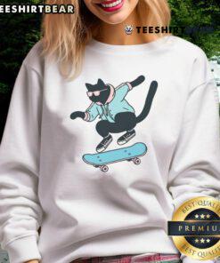 Alt Text: Awesome skateboarding black cat sweatshirt featuring a playful feline on a skateboard, perfect for cat lovers.