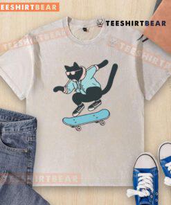 Awesome skateboarding black cat graphic on a washed t-shirt, perfect for cat lovers and skateboarding enthusiasts.