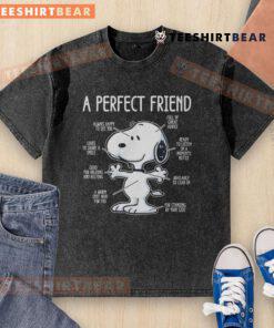 Alt Text: Cute washed t-shirt featuring Snoopy with the phrase 'A Perfect Friend' for a fun and stylish look.