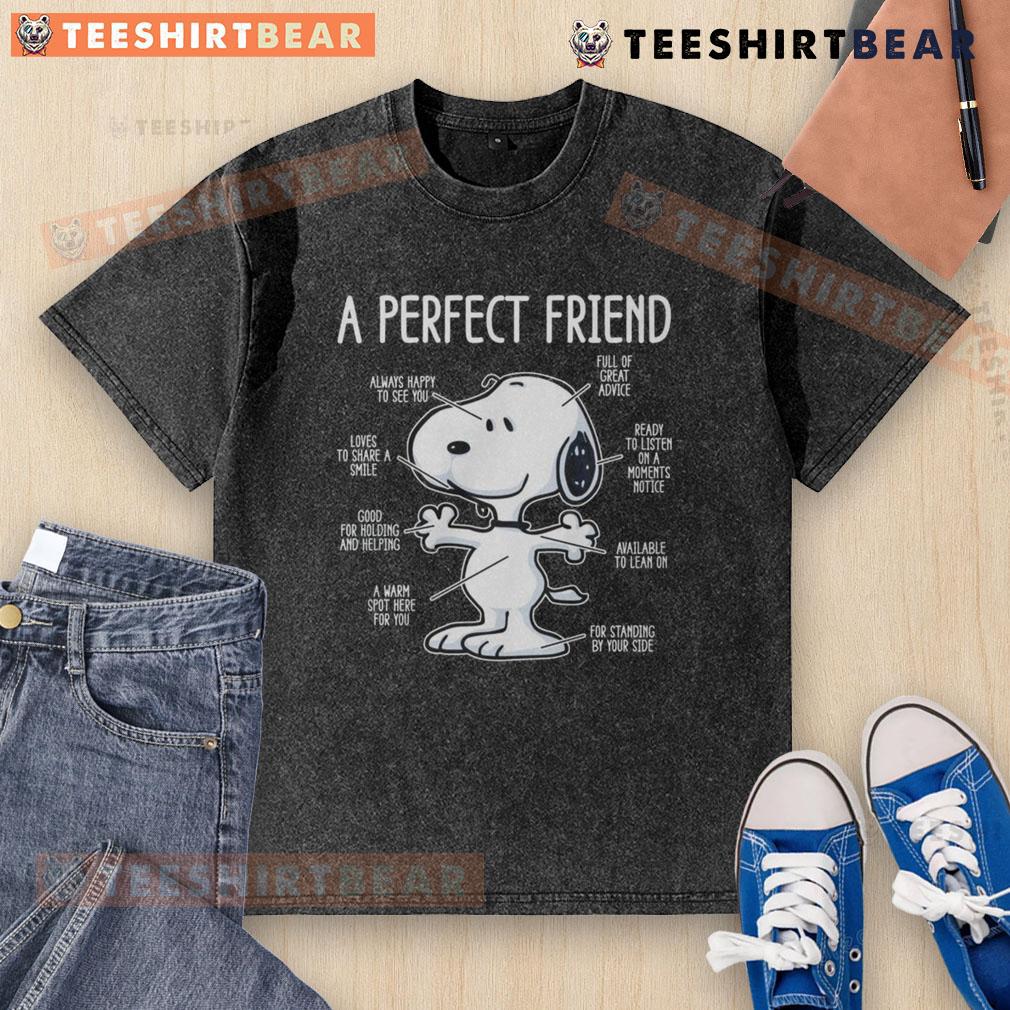 Alt Text: Cute washed t-shirt featuring Snoopy with the phrase 'A Perfect Friend' for a fun and stylish look.