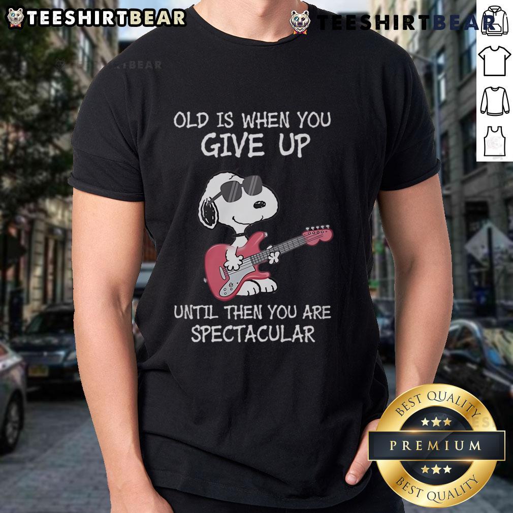 Awesome Snoopy Guitar T-Shirt featuring 'Old Is When You Give Up' quote, perfect for music lovers and Peanuts fans.