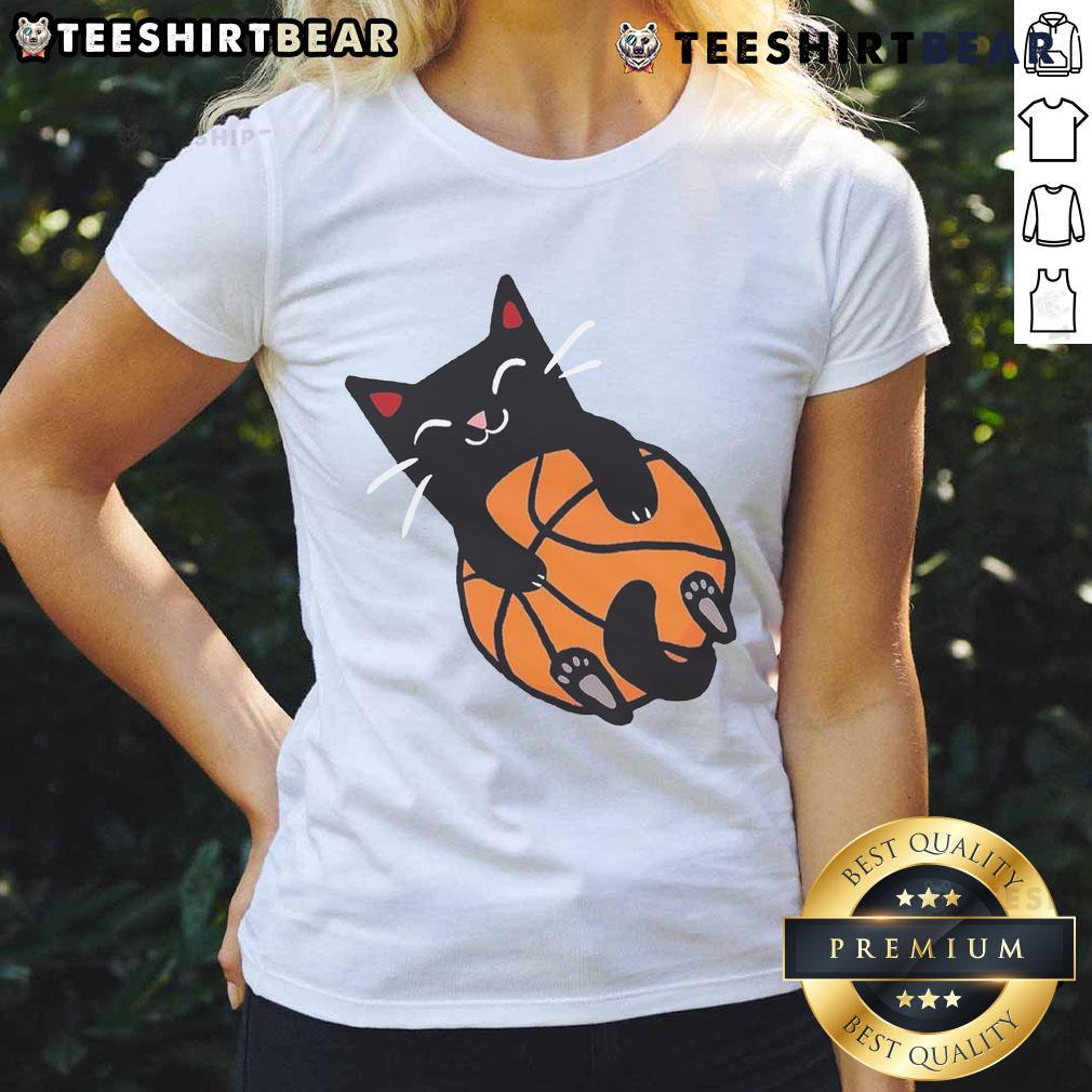 Alt Text: Cute basketball cat ladies tee featuring a playful feline dribbling a basketball, perfect for cat lovers and sports fans.