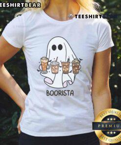 Cute Boorista Ghost Barista Ladies Tee featuring a playful ghost design, perfect for coffee lovers and casual wear.