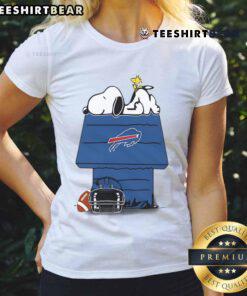 Cute Buffalo Bills football tee featuring Snoopy and Woodstock from The Peanuts, perfect for female fans.