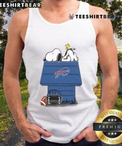 Alt Text: Cute Buffalo Bills football tank top featuring Snoopy and Woodstock from The Peanuts, perfect for game day.