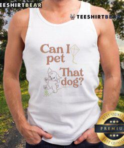 Adorable model wearing a 'Can I Pet That Dog?' tank top, showcasing a fun and playful pet-themed fashion statement.