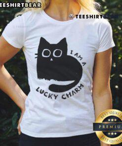 Cute cat graphic on a 'I Am A Lucky Charm' ladies tee, perfect for cat lovers and casual wear.