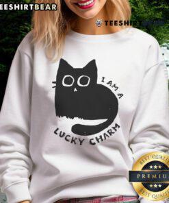 Cute cat sweatshirt design reading 'I Am A Lucky Charm' featuring an adorable cat illustration.
