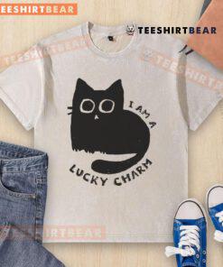 Cute cat on a 'I Am A Lucky Charm' washed t-shirt, showcasing its playful charm and vibrant colors. Perfect for cat lovers!