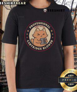 Alt Text: Cute cat graphic on a retro cartridge blower tee, perfect for ladies who love 80s style and feline charm.