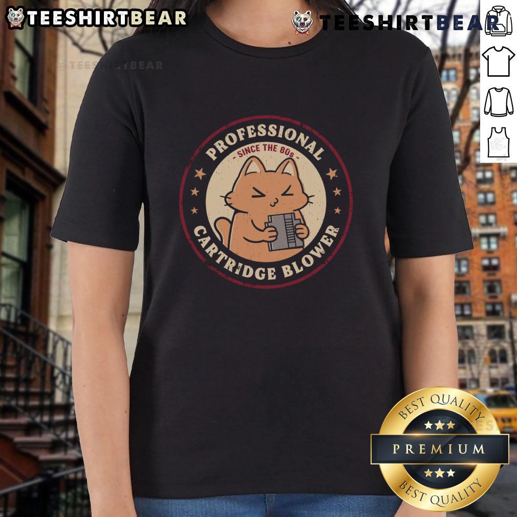 Alt Text: Cute cat graphic on a retro cartridge blower tee, perfect for ladies who love 80s style and feline charm.