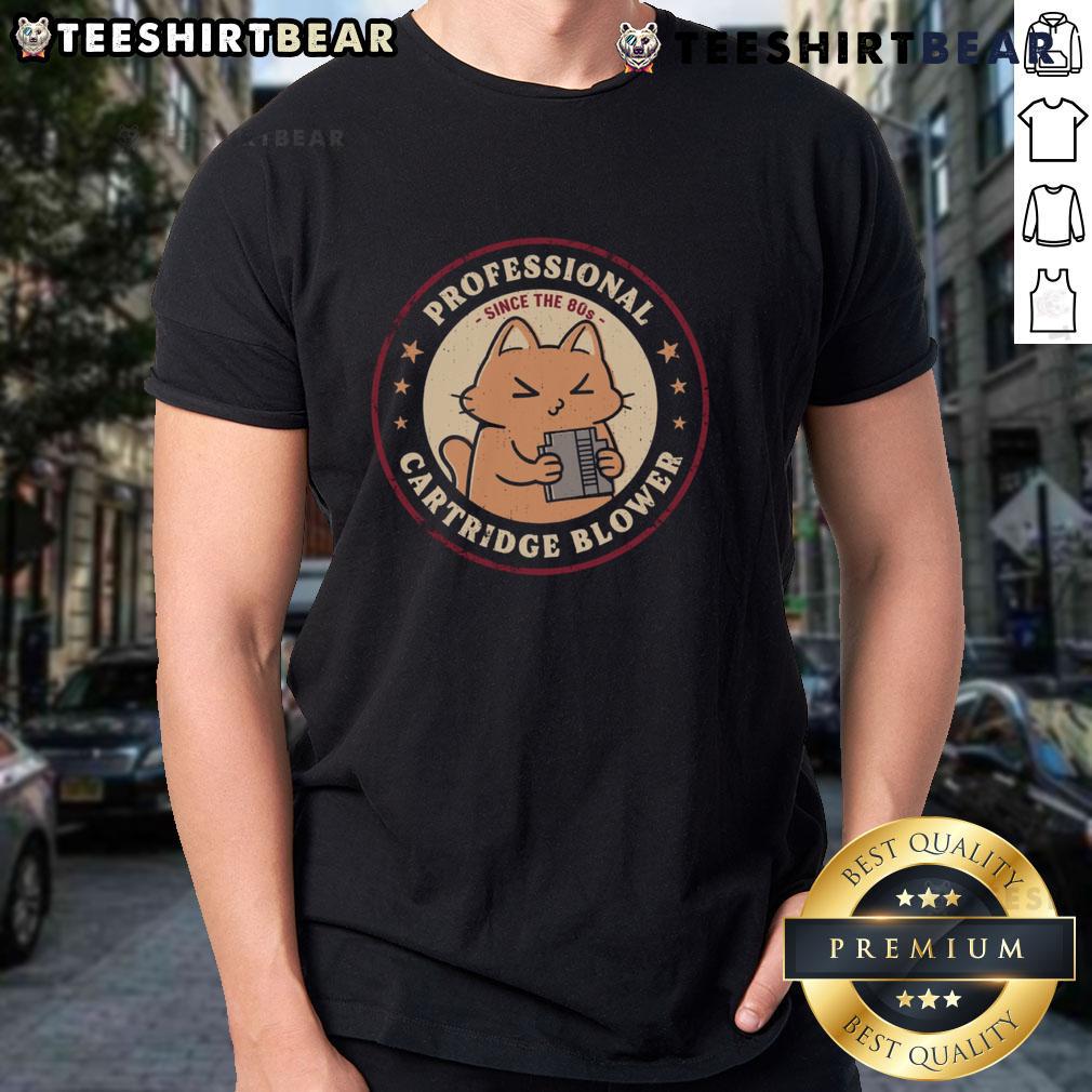 Vintage Cute Cat Pro Cartridge Blower T-Shirt design from the 80s featuring a playful cat graphic and retro style.
