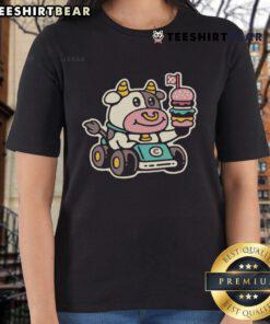 Alt Text: Cute cow burger racer graphic on a fast food ladies tee, perfect for casual and fun outfits.