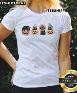 Cute Halloween cat with a pumpkin on a ladies tee, perfect for festive fall celebrations and spooky season style.