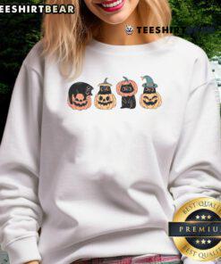 Adorable Halloween cat with a pumpkin design on a cozy sweatshirt, perfect for festive fall celebrations.