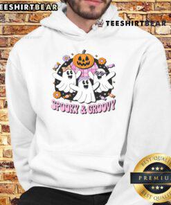 Adorable Cute Halloween Spooky Groovy Retro Ghosts Hoodie featuring playful ghost designs for festive fall style.
