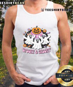 Cute Halloween spooky groovy retro ghosts tank top featuring playful ghost designs in vibrant colors.