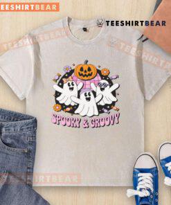 Alt Text: Cute Halloween spooky groovy retro ghosts washed t-shirt featuring colorful ghost designs for festive style.