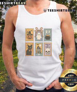 Adorable Halloween stamp design featuring a ghost, pumpkin, and cat on a trick or treat tank top.