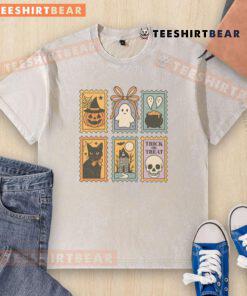 Alt Text: Cute Halloween stamp featuring a ghost, pumpkin, and cat on a washed t-shirt for trick or treat fun.